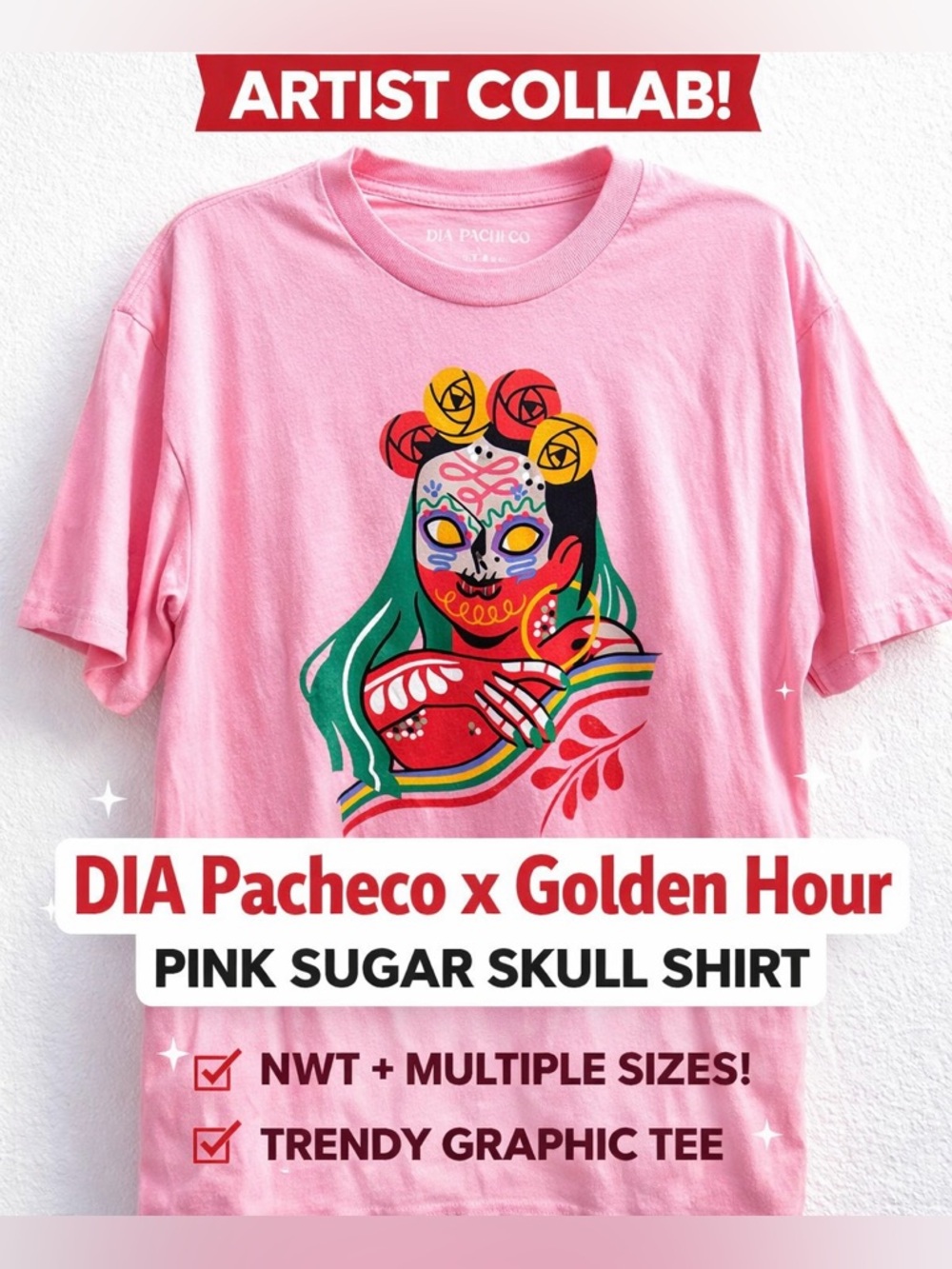 DIA Pacheco x Golden Hour Graphic Tee NWT Pink Sugar Skull Artist Collab